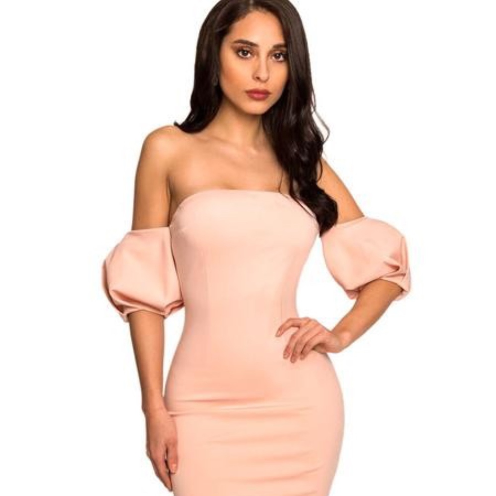 Vanna Salmon Pink Off Shoulder Puffy Sleeve